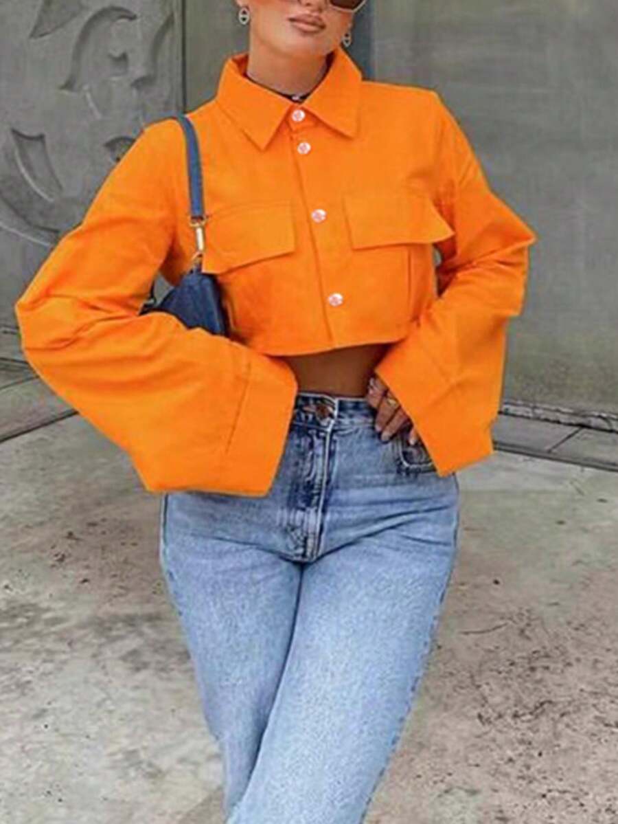 Chemise orange à boutons, col chemise, manches longues, poche, longueur courte - Orange - Voir 1