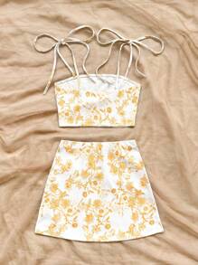 Soleia 藍白花卉針織紋身裙浪漫休閒渡假女性2片式套裝 - 黃色 - 查看 2