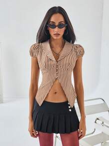 Aveloria Camicia a righe bianche a maniche corte da donna con design a coppe, scollo a V e maniche a palloncino, aderente in vita e orlo plissettato