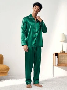 男士家居服套装：宽松长袖舒适衬衫，带领子、纽扣和口袋细节，搭配休闲条纹家居裤，秋冬服装 - 綠色 - 查看 7