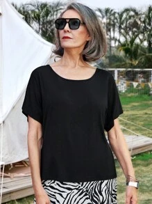 Miaspire T-shirt noir unicolore décontracté pour femme en été