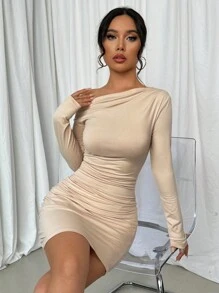 Selianne Oblique-Shoulder Asymmetrical Pleated Long Sleeve Dress Fall Cloth For Women - Apricot - View 4