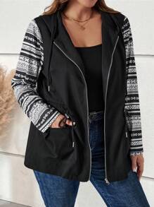 EMERY ROSE Plus Geo Print 抽绳腰部连帽风衣秋季外套 - 黑色 - 查看 1