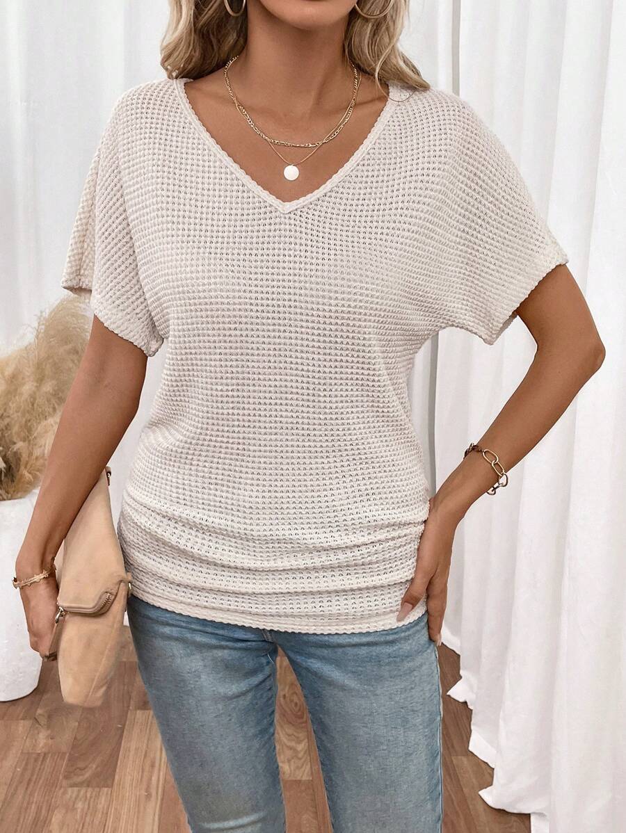 SHEIN Frenchy Solid V Neck Batwing Sleeve Tee Fall Women Clothes Old Money Style Teacher T Shirt Winter Clothes Summer Casual - Apricot - View 1