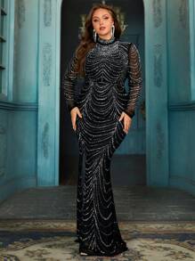 QOQ Elegant Women Plus Size Hot Drill Formal Dress Rhinestone Evening Gown For High Society Dinner, Cocktail Party, Galas Solid Color Waisted Mermaid Hem Dresses Wedding Vacation Spring - Black - View 1