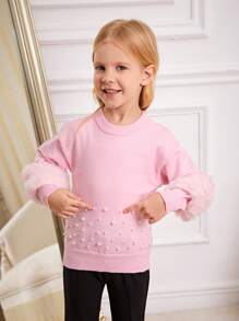 SHEIN 少女粉色毛绒珍珠缀饰毛衣，秋冬款 - 淺粉色 - 查看 6