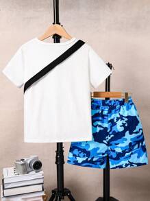 SHEIN Young Boy Summer Solid Color Round Neck Short Sleeve T-Shirt And Camouflage Print Shorts Casual 2pcs/Set - Multicolor - View 2