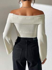 SHEIN Unity Off Shoulder Knot Front Crop Sweater For Dailywear, Knit Pullover Fall Winter - Beige - View 2