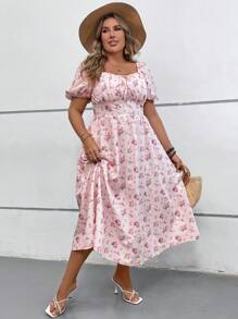 SHEIN VCAY Plus Size Fall/Winter Back-To-School Sisters Gathering Ruched Bust Romantic Print A-Line Long Dress