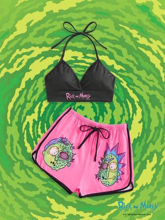 Rick and Morty | ROMWE Women's Triangle Halter Top & Fun Figure Printed Shorts Pajama Set, School