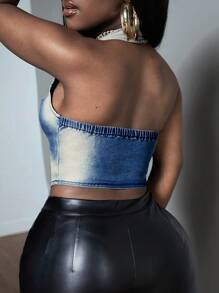 Slaydiva Button Front Backless Halter Denim Top For Dailywear - Dark Wash - View 3