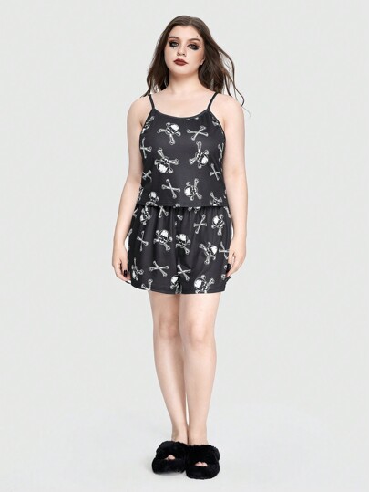 Goth Ensemble de pyjama cami imprimé squelette gothique et os en grandes tailles avec shorts