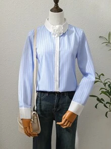 Langärmeliges Hemd für Teenager-Mädchen mit Farbblock-Kragen und gestreiftem Muster mit Ein-Knopf-Verschluss