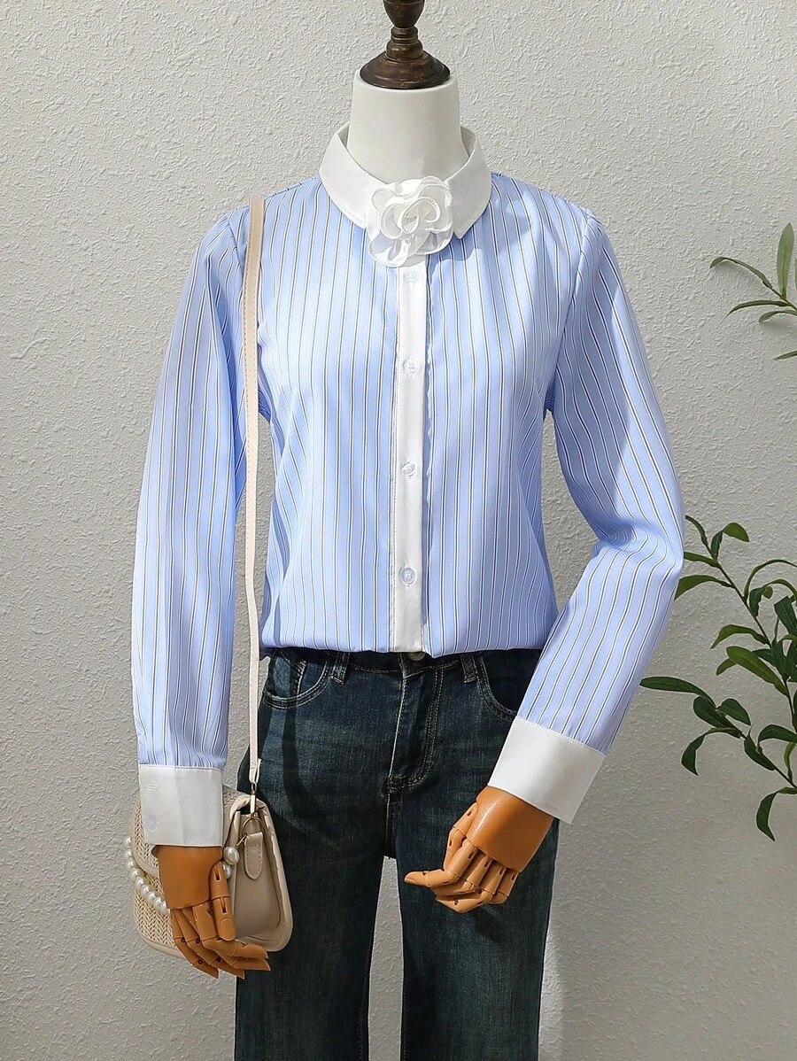 Langärmeliges Hemd für Teenager-Mädchen mit Farbblock-Kragen und gestreiftem Muster mit Ein-Knopf-Verschluss
