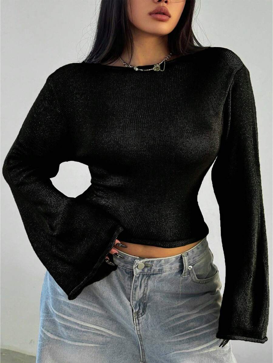 Flirla Versatile And Sexy Solid Color Bell Sleeve Plus Size Sweater Knit Pullover Fall Winter Autumn - Black - View 1
