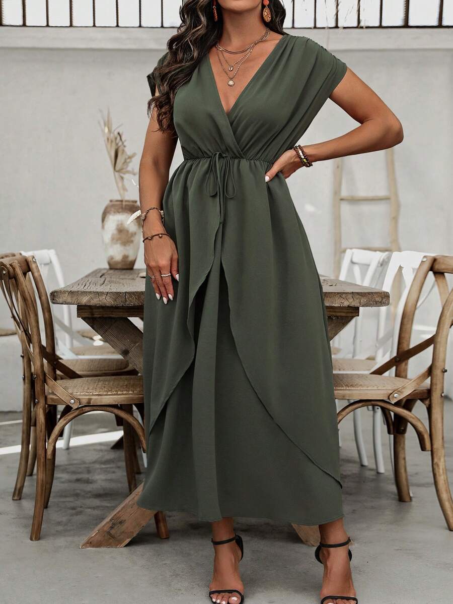 SHEIN Clasi Plus Size Women's Solid Color Simple Daily Wear Dress Women Outfit - Army Green - View 1