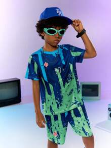 SHEIN Explorewe 男童幾何印花短袖t恤和短褲套裝