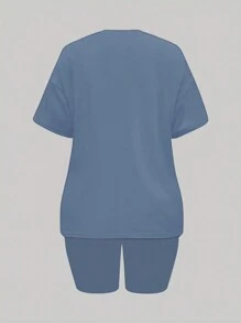 SHEIN Letter Graphic Drop Shoulder Tee & Biker Shorts - Dusty Blue - View 2