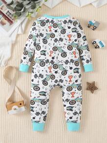 SHEIN Baby Boy Simple Allover Print Motorcycle Pattern Long Sleeve Jumpsuit Home Wear Snug Fit - Multicolor - View 2