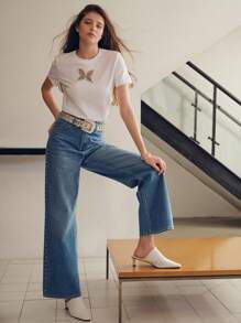 MOTF STUDIO STUDDED WASHED STRAIGHT LEG JEANS - Blue - View 6