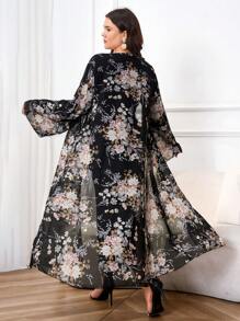 Modelyn 加大码纯色圆领长袖连体裤和网眼花卉印花外套 2 件套 2 件套 - 黑色 - 查看 2