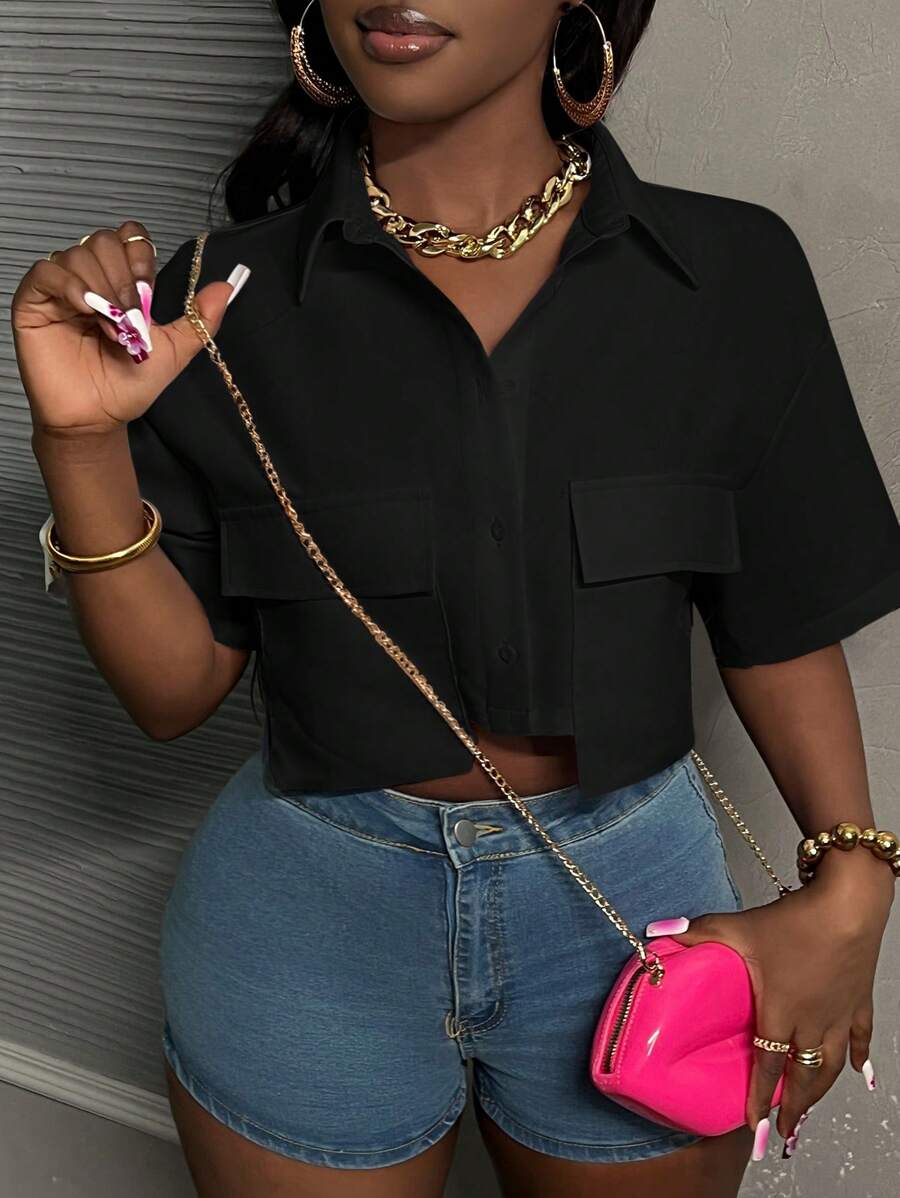 Slaydiva Casual White Polo Collar Short Crop Top With Pocket, Women's Shirt With Work Pockets - A