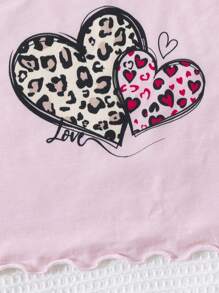SHEIN Conjunto casual de verano de 3 piezas para adolescente: camisola estampada con corazones y leopardo, pantalones rectos y ropa de dormir ignífuga