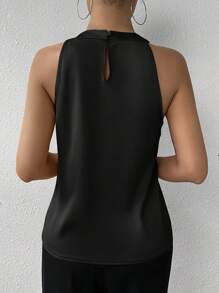 SHEIN Privé Ladies' Champagne-Colored Plain Sleeveless Shirt With Stand Collar And Pleats For Simple And Elegant Office Wear, Summer Daily Commute - Black - View 2