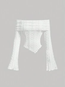 SHEIN MOD Camiseta de manga campana y hombros descubiertos de jacquard elegante, camiseta blanca, ropa vintage para mujer, camiseta de otoño, conjunto de vuelta al colegio, blusa de campo, blusa con hombros descubiertos, camiseta de mujer