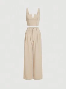 SHEIN MOD 素色背心上衣和闊腿褲 - 米色 - 查看 1