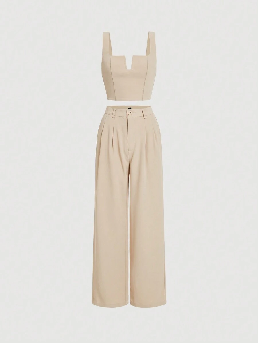 SHEIN MOD 素色背心上衣和闊腿褲 - 米色 - 查看 1