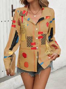 SHEIN LUNE Camisa holgada casual de mujer con mangas largas y estampado de lunares para primavera/verano (impresión aleatoria)