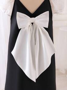 Tween Girl Loose Elegant Color-Block Puff Sleeve Dress With Back Bow Decoration