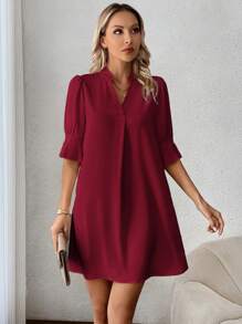 SHEIN Clasi Women Summer Casual Solid Color Notched Neck Dress Casual Red Dressburgundy Dress Womentunic Dress - Burgundy - View 4