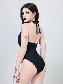 ROMWE Goth Women's Solid Color Deep V-Neck Sexy Halter Simple One-Piece Swimsuit, Suitable For Halloween - Black - View 2