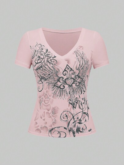 Goth Women's Casual Short Sleeve T-Shirt With Random Printed Design, School