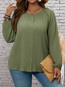 EMERY ROSE Blusa con botones al frente de manga larga en tela lisa para uso diario (tallas grandes)