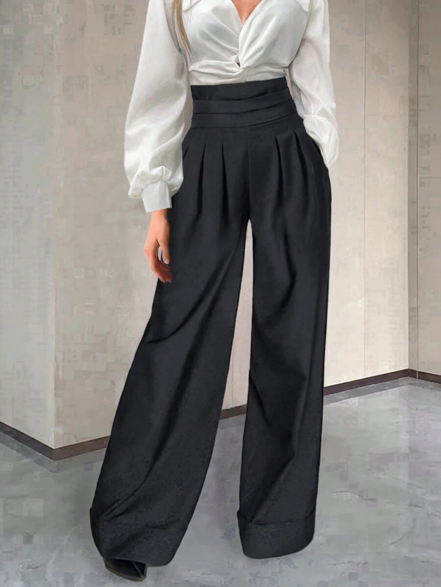 Pantalones largos extra casuales y minimalistas de unicolor para mujer - Negro - Ver 1