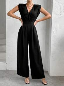 SHEIN Privé 女性時尚性感成熟淑女V領連身褲，歐美風格，夏季新款純色無袖褶裙連體褲 - 黑色 - 查看 3