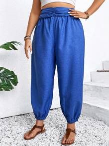 EMERY ROSE Plus Size Solid Color Pleated Cuffed Pants With Belt And Pockets, Elegant - Royal Blue - View 5