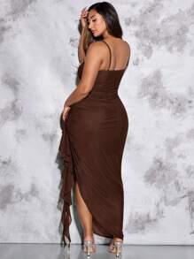 SHEIN BAE 大尺碼女士荷葉邊網紗背心裙，浪漫度假優雅派對長裙綠色