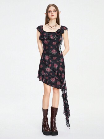 Fairycore Vestido vintage romántico para mujer con dobladillo asimétrico y estampado de rosas