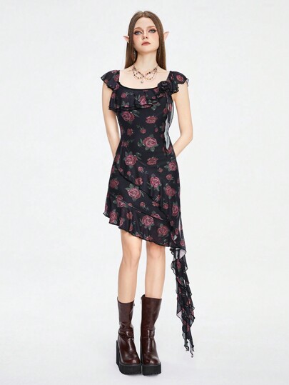 Fairycore Vestido vintage romántico para mujer con dobladillo asimétrico y estampado de rosas