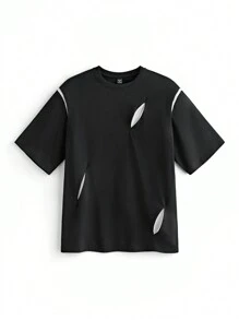 Manfinity VCAY 男士針織寬鬆下垂肩休閒T卹，採用透明拼接寬圓領，街頭風格，適合日常穿著，適用於夏季 - 黑色 - 查看 8