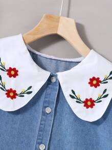 SHEIN 少女藍色牛仔泡泡袖連身裙，具有花卉刺繡和色塊設計 - 彩色 - 查看 3