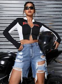 SHEIN ICON Plus Ripped Raw Hem Denim Shorts, Summer - Medium Wash - View 4