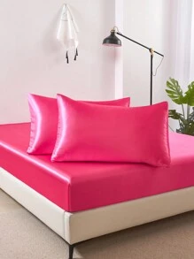 3pcs Solid Color Beige Satin Fitted Sheet Set Simulation Silk Fitted Sheet Set With 1pc Fitted Sheet+2pcs Pillow Case Without Filler, Modern Soft Bedding Set For Household Sheet Deep Pocket Up To 13.8 Inch Satin Pillowcase, Soft Breathable Wrinkle-Free Better For Sleep, Luxury Hotel Style, Gift For Mom Dad Friend Domitory Bedding Back School Bedding - Red Violet - View 5