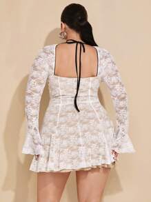 SHEIN BAE Plus Size Women's Lace Cup Style Ruffled Hem Pleated Dress  Patchwork Color Block Mini Dress