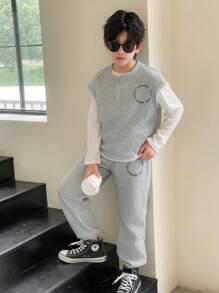 SHEIN Bộ 3 món áo vest, áo phông và quần rộng rãi cho bé trai Tween cho mùa xuân thu - Xám - Xem 1