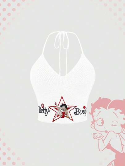 Betty Boop | ROMWE Women's Letter & Figure Embroidery Halter Knitted Top
